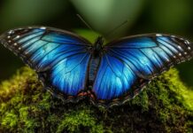 A close up of a radiant blue butterfly resting on a moss covered rock.