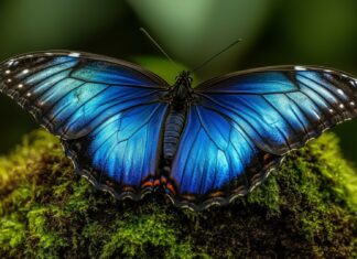 A close up of a radiant blue butterfly resting on a moss covered rock.