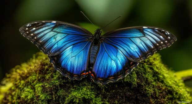 A close up of a radiant blue butterfly resting on a moss covered rock.