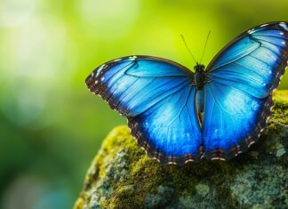 A close up of a radiant blue butterfly resting on a moss covered rock.