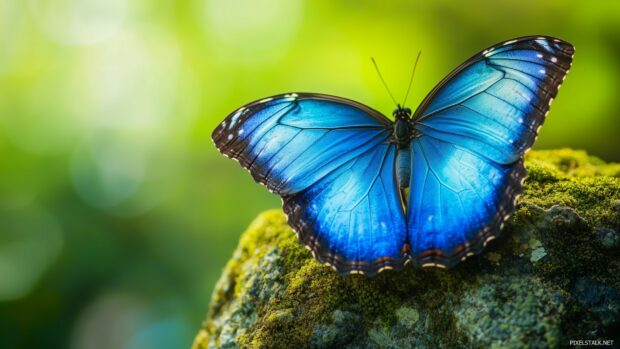 A close up of a radiant blue butterfly resting on a moss covered rock.