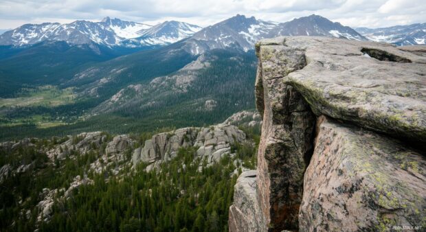 A close up of a rocky cliff face in the Rocky Mountains, with snow capped peaks in the wallpaper.