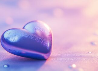 A close up of a shiny blue heart on a simple pastel background, with light reflections adding a sense of dimension and a modern touch.