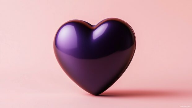 A close up of a shiny purple heart against a muted pastel pink background.