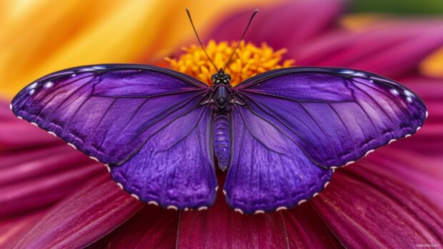 A close up of a striking purple butterfly resting on a vibrant flower, with its wings fully open.