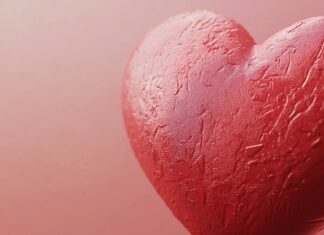 A close up of a textured heart on a muted pink background.