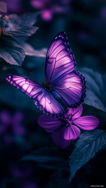 A close up of a vibrant purple butterfly perched on a blooming flower.