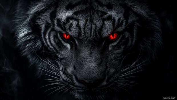 A close up of an angry tiger's face with glowing red eyes, sharp focus on the piercing gaze, intense detail on the fur and whiskers, dark vignette background for dramatic effect.