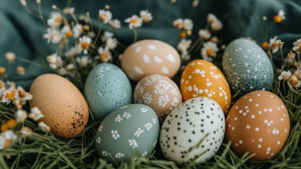 A close up of beautifully decorated Easter eggs in pastel colors, placed on soft green grass, natural and warm tones.