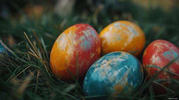 A close up of beautifully decorated Easter eggs in pastel colors, placed on soft green grass, natural and warm tones.