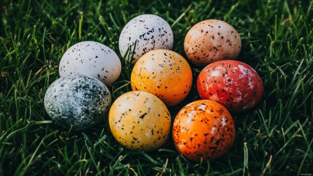 A close up of beautifully decorated Easter eggs in pastel colors, placed on soft green grass, natural and warm tones.