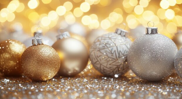 A close up of elegant gold and silver Christmas ornaments with intricate designs, Christmas Laptop HD wallpaper.