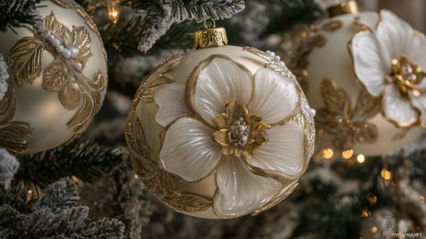 A close up of elegant gold and white Christmas ornaments hanging on a tree.