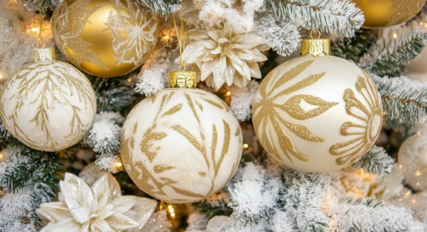 A close up of elegant gold and white Christmas ornaments hanging on a tree.