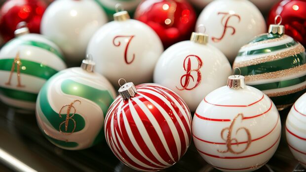 A close up of preppy Christmas ornaments with monogrammed initials, 4K desktop wallpaper.