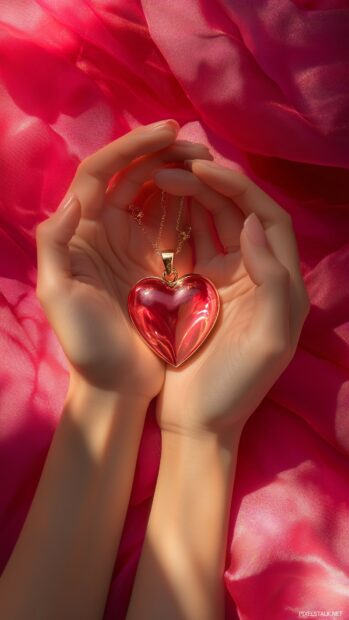 A close up of two hands holding a heart shaped locket with a delicate pink and red background.