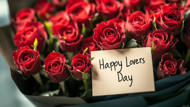 A close up shot of a bouquet of red roses wrapped in elegant paper.