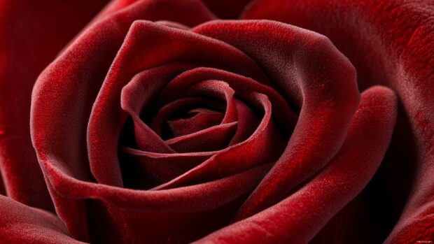 A close up shot of a dark red rose with velvety petals.