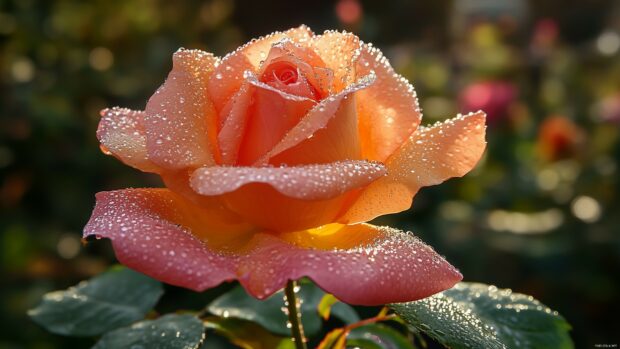 A close up shot of a dew kissed pink rose, showcasing the intricate details of its petals and the glistening drops of water in the morning light 2.