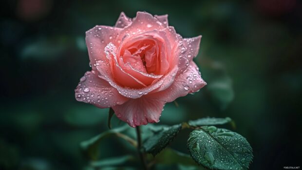 A close up shot of a dew kissed pink rose, showcasing the intricate details of its petals and the glistening drops of water in the morning light.