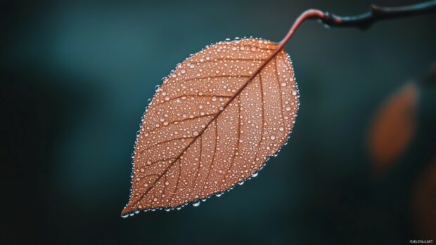 A close up shot of a single dew covered leaf with crisp focus on the droplets, set against a soft blurred background.