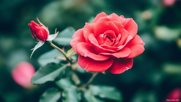 A close up shot of a single red rose in full bloom, showcasing the delicate petals and rich color against a softly blurred background.