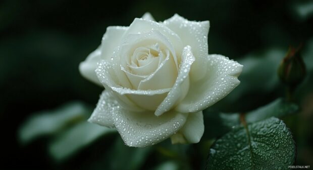 A close up view of a white rose covered in dew drops.