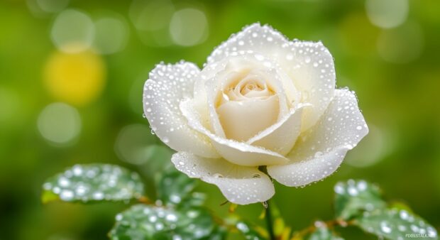 A close up view of a white rose covered in dew drops, reflecting the surrounding greenery.