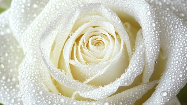 A close up view of a white rose covered in dew drops, reflecting the surrounding greenery and creating a fresh, morning feel.