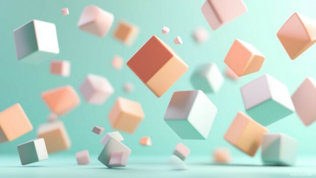 A cluster of 3D geometric shapes with clean edges and soft pastel tones.