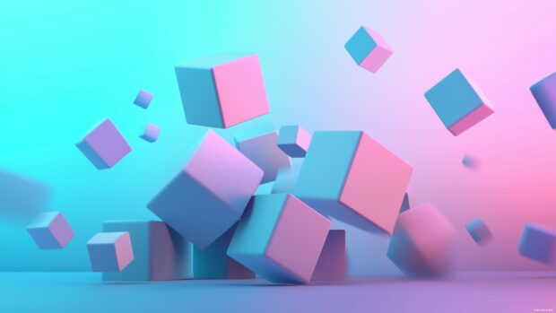 A cluster of 3D geometric shapes with clean edges and soft pastel tones, floating gracefully in an open, minimalist space.