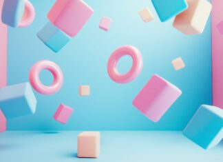 A cluster of 3D geometric shapes with clean edges and soft pastel tones, floating gracefully in an open, minimalist space.