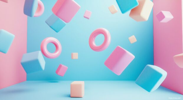 A cluster of 3D geometric shapes with clean edges and soft pastel tones, floating gracefully in an open, minimalist space.