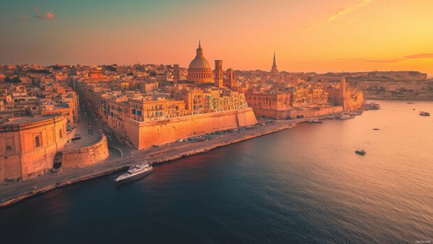 A coastal city 4K wallpaper with a mix of modern buildings and old world charm, bathed in golden sunset light.