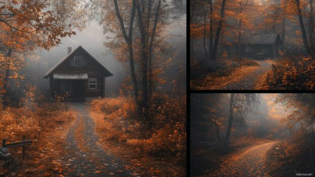 A collage featuring moody autumn landscapes, foggy mornings, forest paths covered in fallen leaves, and cozy cabins, creating an atmospheric fall vibe.