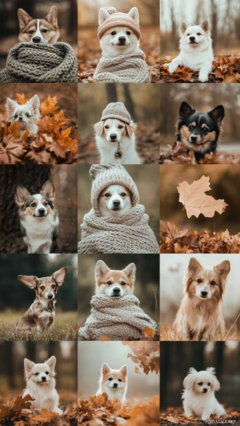 A collage of aesthetic dogs in various cozy settings, like a dog wrapped in a knit blanket, another wearing a tiny hat, and others posing with autumn leaves.