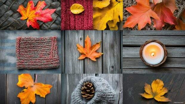 A collage of autumn leaves in vibrant reds, oranges, and yellows, mixed with textured wood backgrounds, warm candlelight, and cozy sweaters.