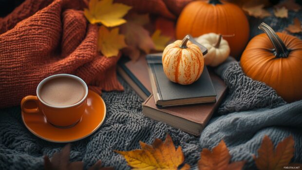 A collection of aesthetic fall images with warm toned coffee cups, woolen blankets, golden leaves, and books stacked with pumpkins.