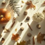 A collection of autumn elements like pumpkins, acorns, dried leaves, and cinnamon sticks, arranged in a flat lay design with soft, golden sunlight filtering through.