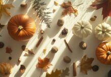 A collection of autumn elements like pumpkins, acorns, dried leaves, and cinnamon sticks, arranged in a flat lay design with soft, golden sunlight filtering through.