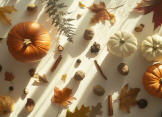 A collection of autumn elements like pumpkins, acorns, dried leaves, and cinnamon sticks, arranged in a flat lay design with soft, golden sunlight filtering through.