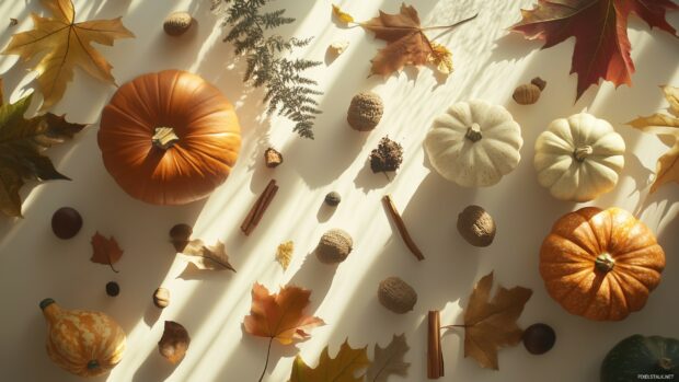 A collection of autumn elements like pumpkins, acorns, dried leaves, and cinnamon sticks, arranged in a flat lay design with soft, golden sunlight filtering through.