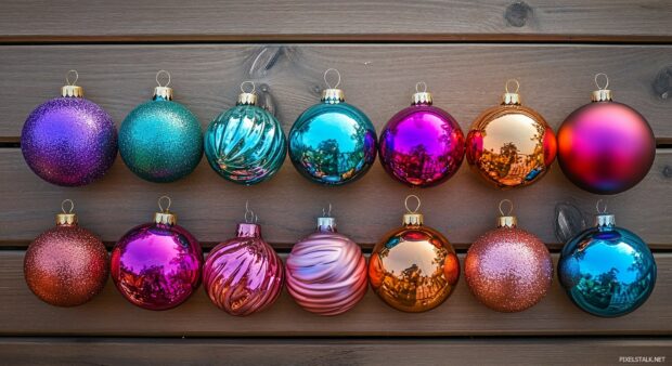 A collection of colorful Christmas ornaments arranged artistically on a wooden surface.