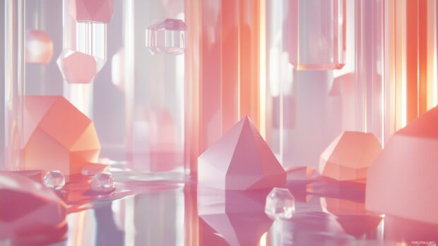 A collection of floating 3D pink geometric shapes.