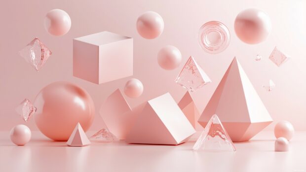 A collection of floating 3D pink geometric shapes, including cubes and pyramids.