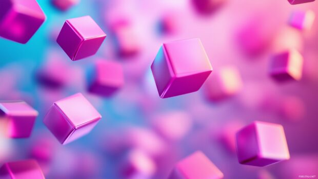 A collection of floating 3D pink geometric shapes, including cubes and pyramids, arranged in a balanced pattern.