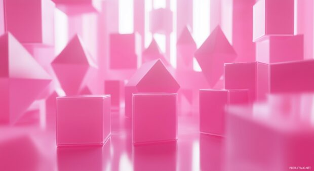 A collection of floating 3D pink geometric shapes, including cubes and pyramids, arranged in a balanced pattern, softly illuminated with subtle gradients.