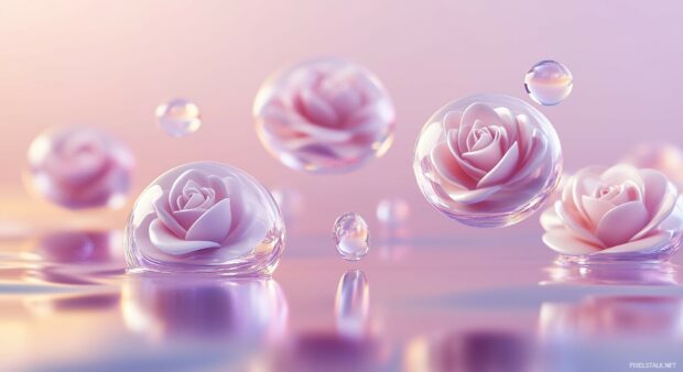 A collection of floating 3D roses arranged in a graceful pattern, with smooth surfaces and ambient lighting.