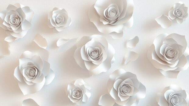 A collection of floating 3D roses arranged in a graceful pattern, with smooth surfaces and ambient lighting creating a serene and abstract visual effect.