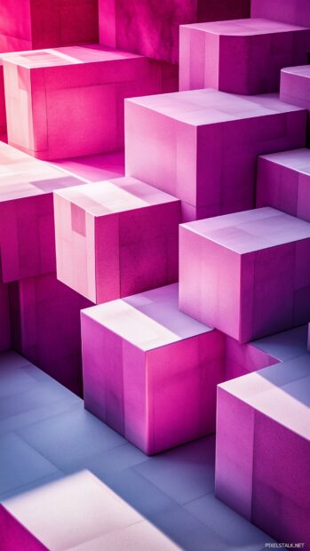 A collection of interlocking pink 3D geometric shapes.